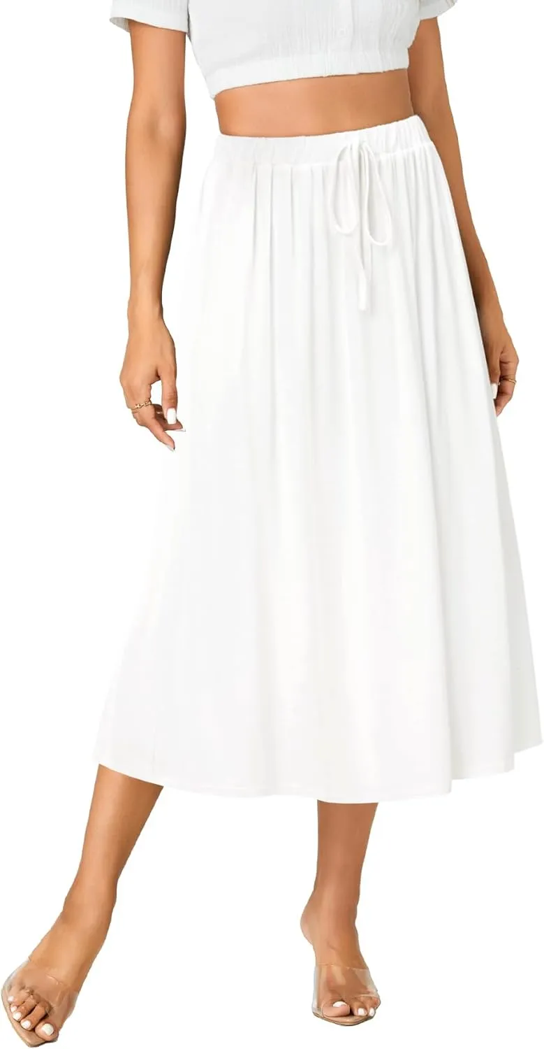 LYANER Women's Summer Elastic Waist A-Line Skirt Lightweight Beach Swing Flowy Flared Midi Skirts with Pockets