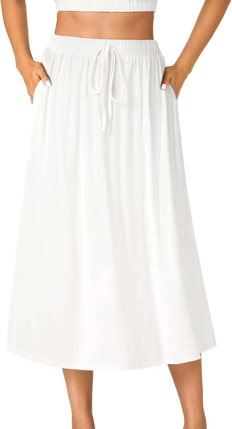 LYANER Women's Summer Elastic Waist A-Line Skirt Lightweight Beach Swing Flowy Flared Midi Skirts with Pockets