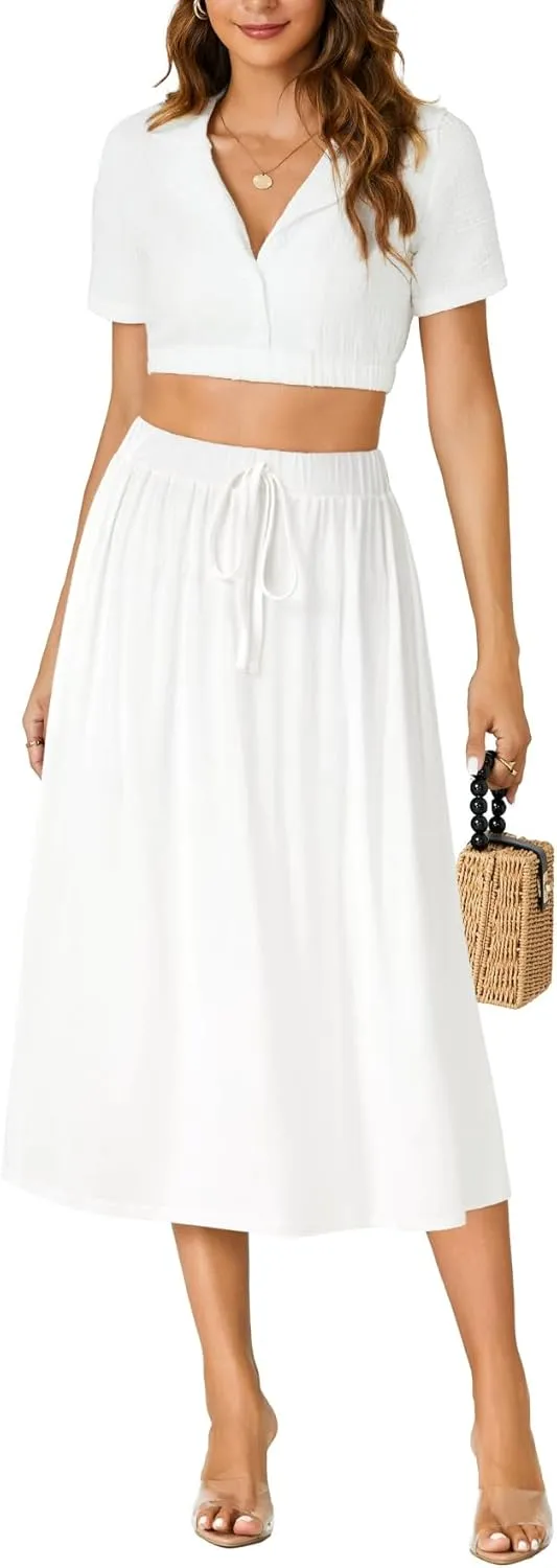LYANER Women's Summer Elastic Waist A-Line Skirt Lightweight Beach Swing Flowy Flared Midi Skirts with Pockets