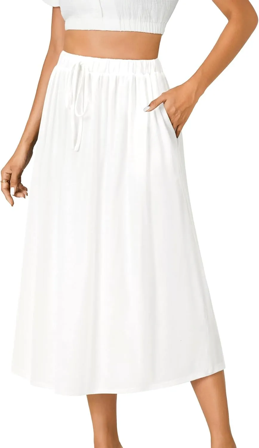 LYANER Women's Summer Elastic Waist A-Line Skirt Lightweight Beach Swing Flowy Flared Midi Skirts with Pockets