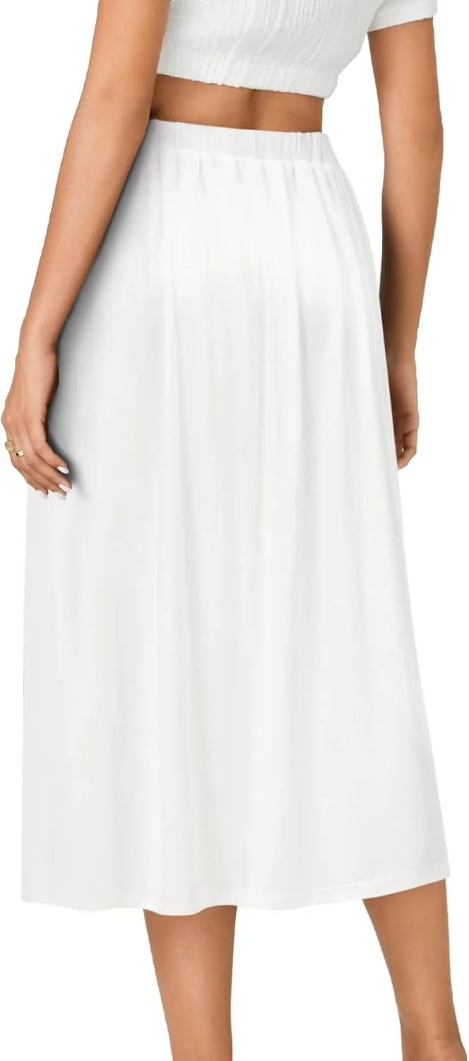 LYANER Women's Summer Elastic Waist A-Line Skirt Lightweight Beach Swing Flowy Flared Midi Skirts with Pockets