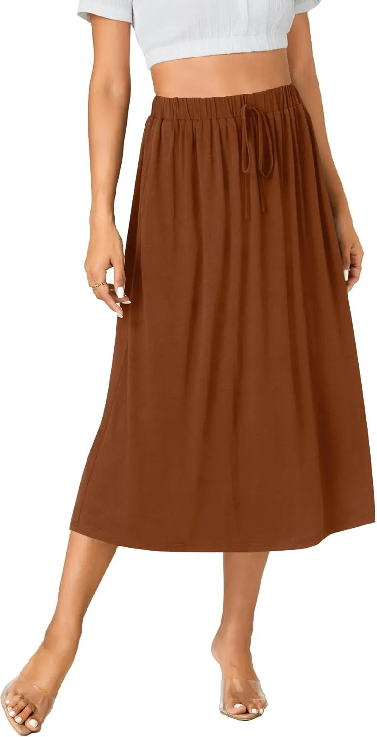 LYANER Women's Summer Elastic Waist A-Line Skirt Lightweight Beach Swing Flowy Flared Midi Skirts with Pockets