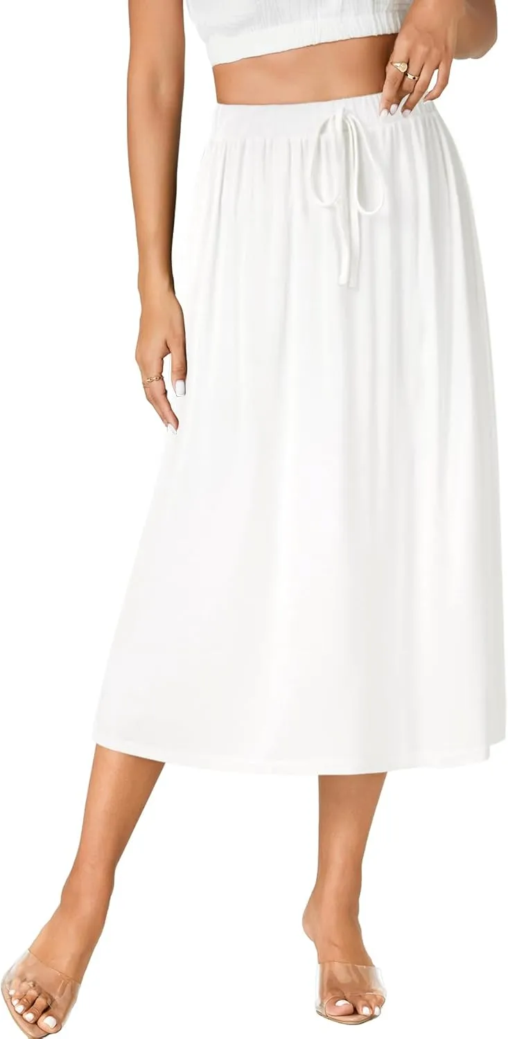 LYANER Women's Summer Elastic Waist A-Line Skirt Lightweight Beach Swing Flowy Flared Midi Skirts with Pockets