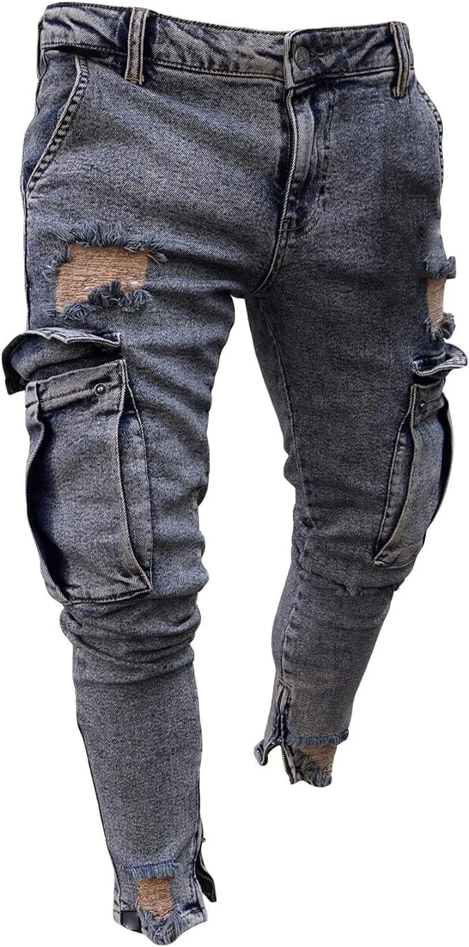 Maiyifu-GJ Mens Skinny Jeans with Multi Pockets Slim Fit Stretch Hip Hop Denim Pants Fashion Distressed Straight Leg Jeans