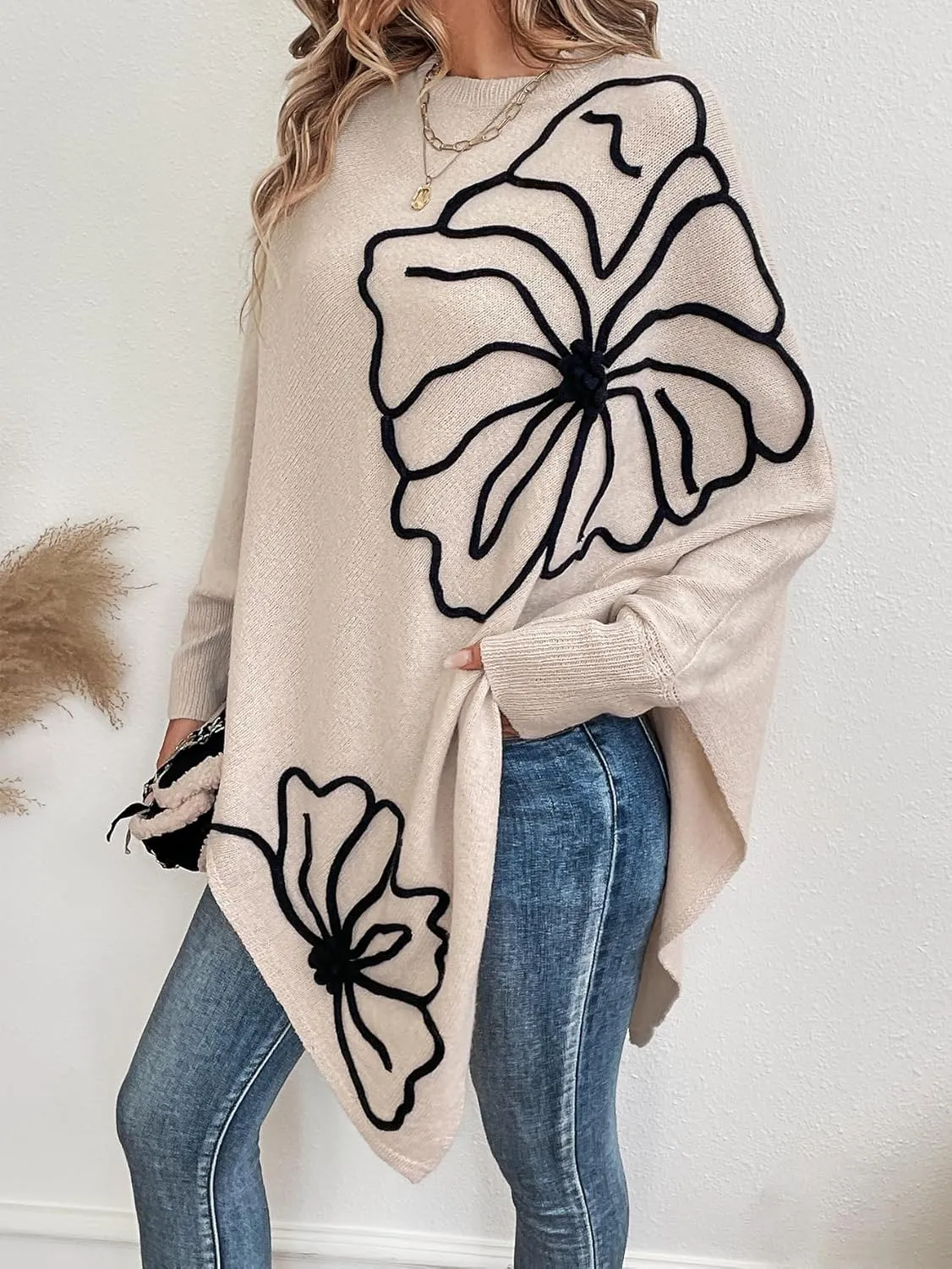 MakeMeChic Women's Fall Sweater Asymmetrical Hem Knit Poncho Sweater