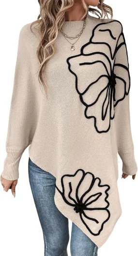 MakeMeChic Women's Fall Sweater Asymmetrical Hem Knit Poncho Sweater