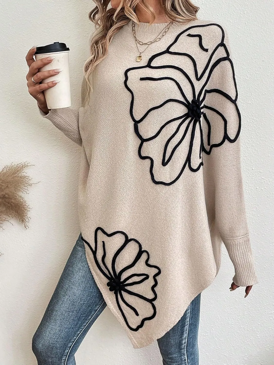 MakeMeChic Women's Fall Sweater Asymmetrical Hem Knit Poncho Sweater