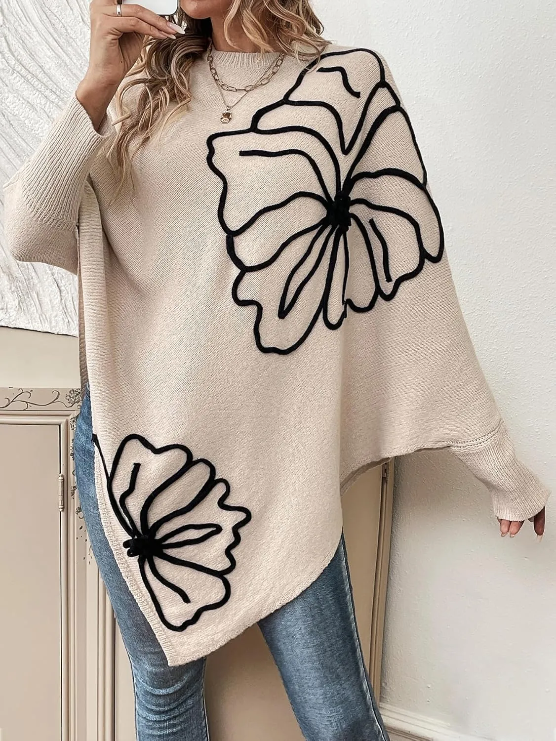 MakeMeChic Women's Fall Sweater Asymmetrical Hem Knit Poncho Sweater