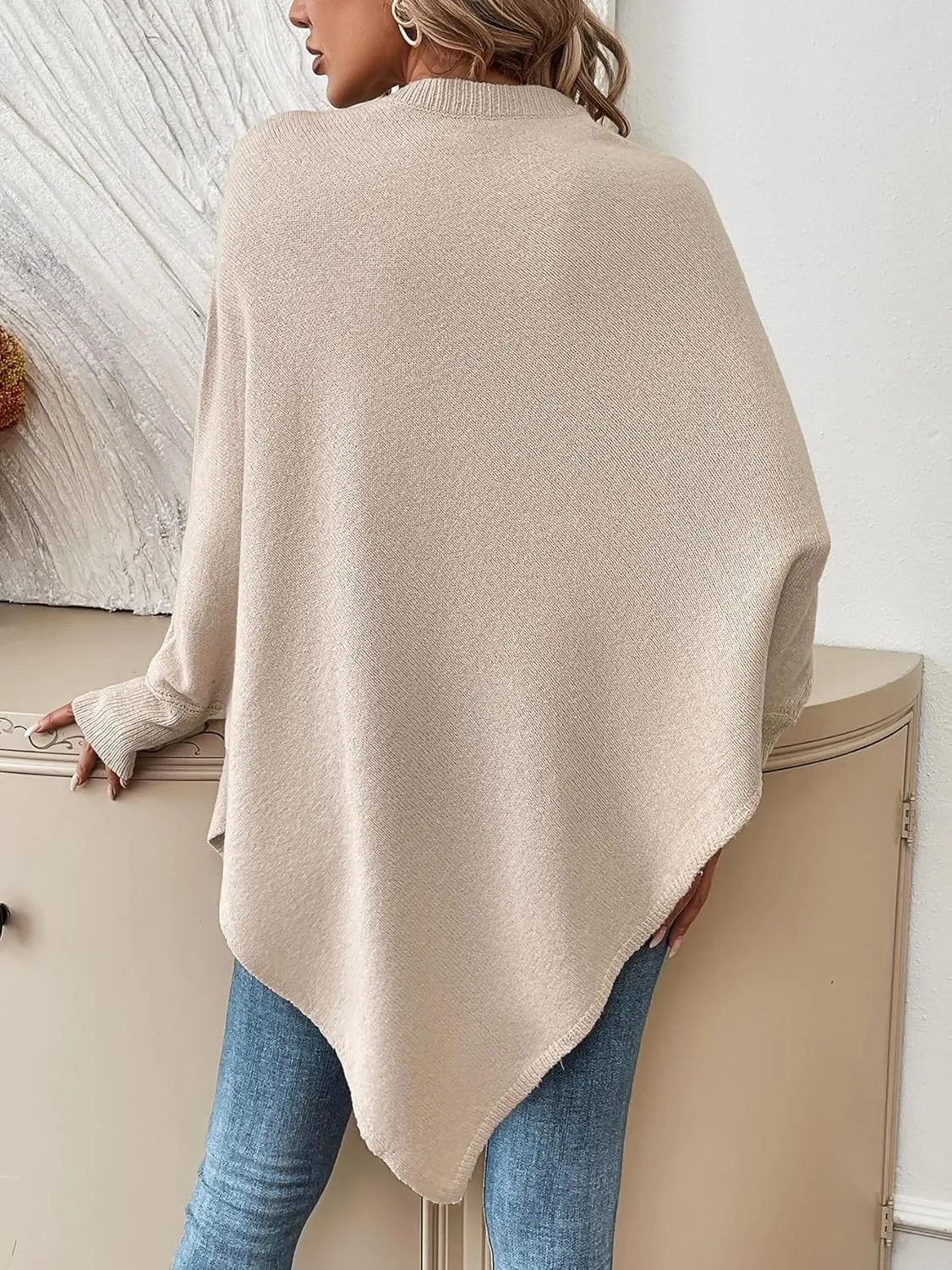 MakeMeChic Women's Fall Sweater Asymmetrical Hem Knit Poncho Sweater
