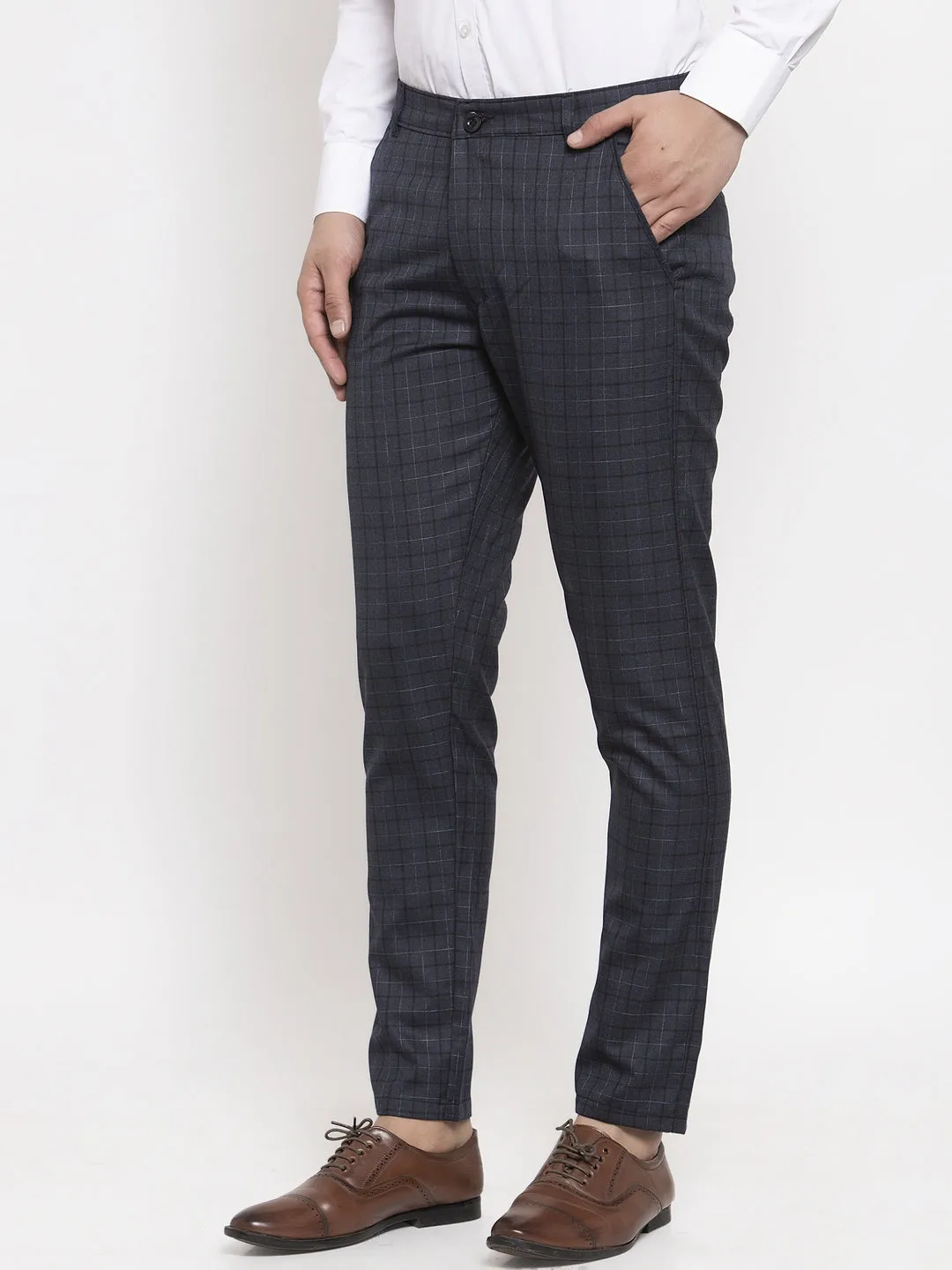 Men's Black Cotton Checked Formal Trousers ( GP 259Black ) - Jainish