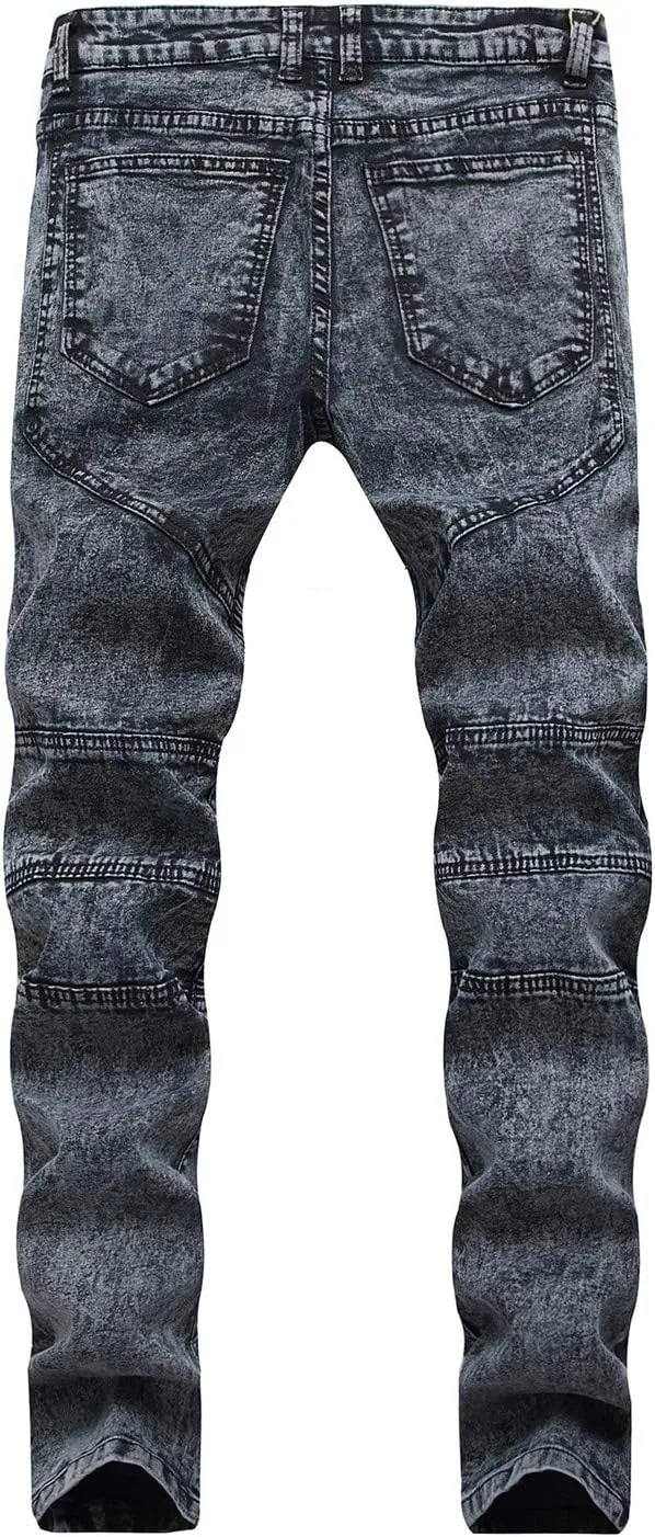 Men's Ripped Slim Straight fit Biker Jeans Distressed Ripped Skinny Slim Fit Denim Pants Holes Hip Hop Biker Stretchy Jean