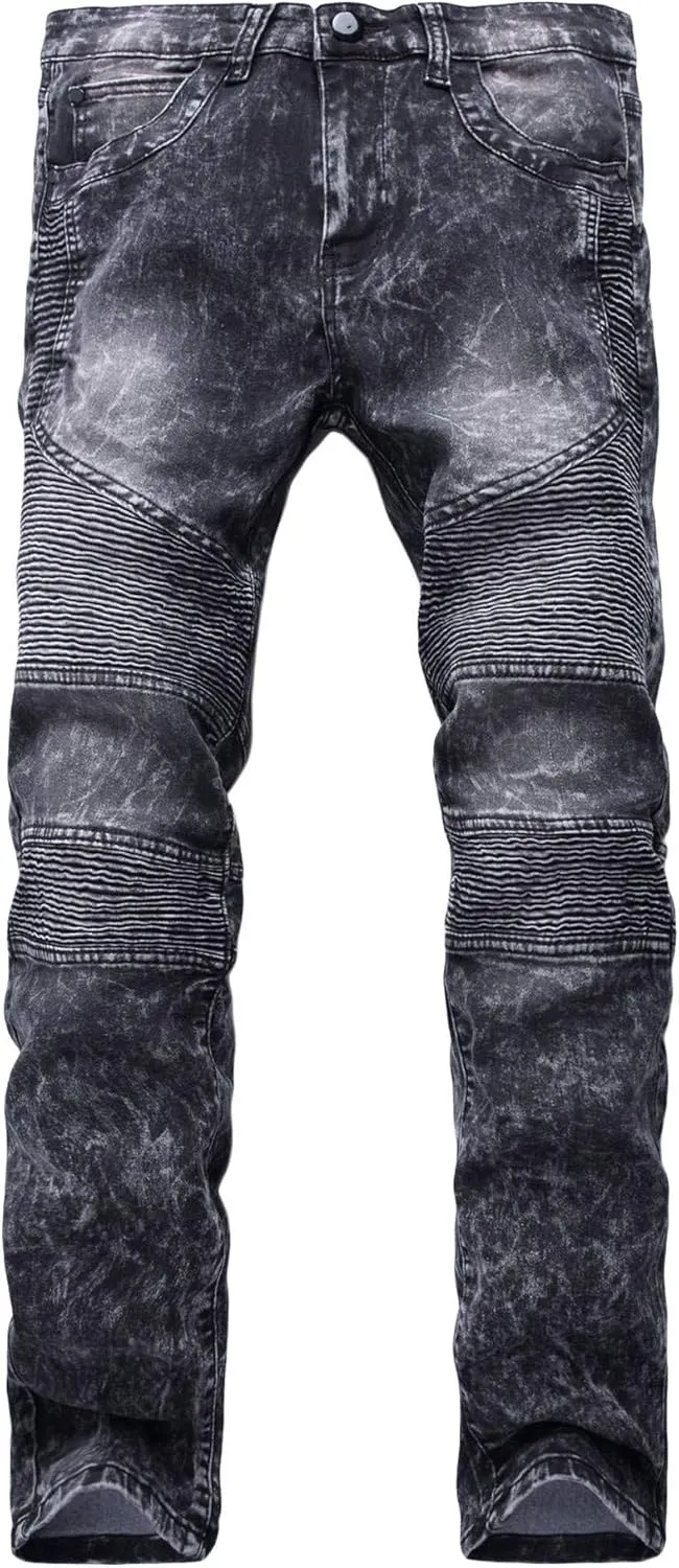 Men's Ripped Slim Straight fit Biker Jeans Distressed Ripped Skinny Slim Fit Denim Pants Holes Hip Hop Biker Stretchy Jean