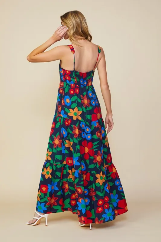 Navy Blue Sleeveless Floral Print Tiered Maxi Dress