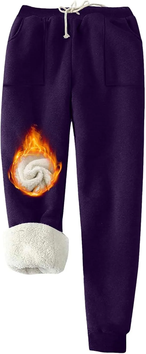 Oplxuo Fleece Lined Sweatpants Women - Sherpa Joggers for Women with Pockets High Waisted Thermal Winter Warm Snow Pants