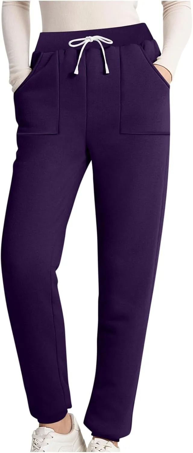 Oplxuo Fleece Lined Sweatpants Women - Sherpa Joggers for Women with Pockets High Waisted Thermal Winter Warm Snow Pants
