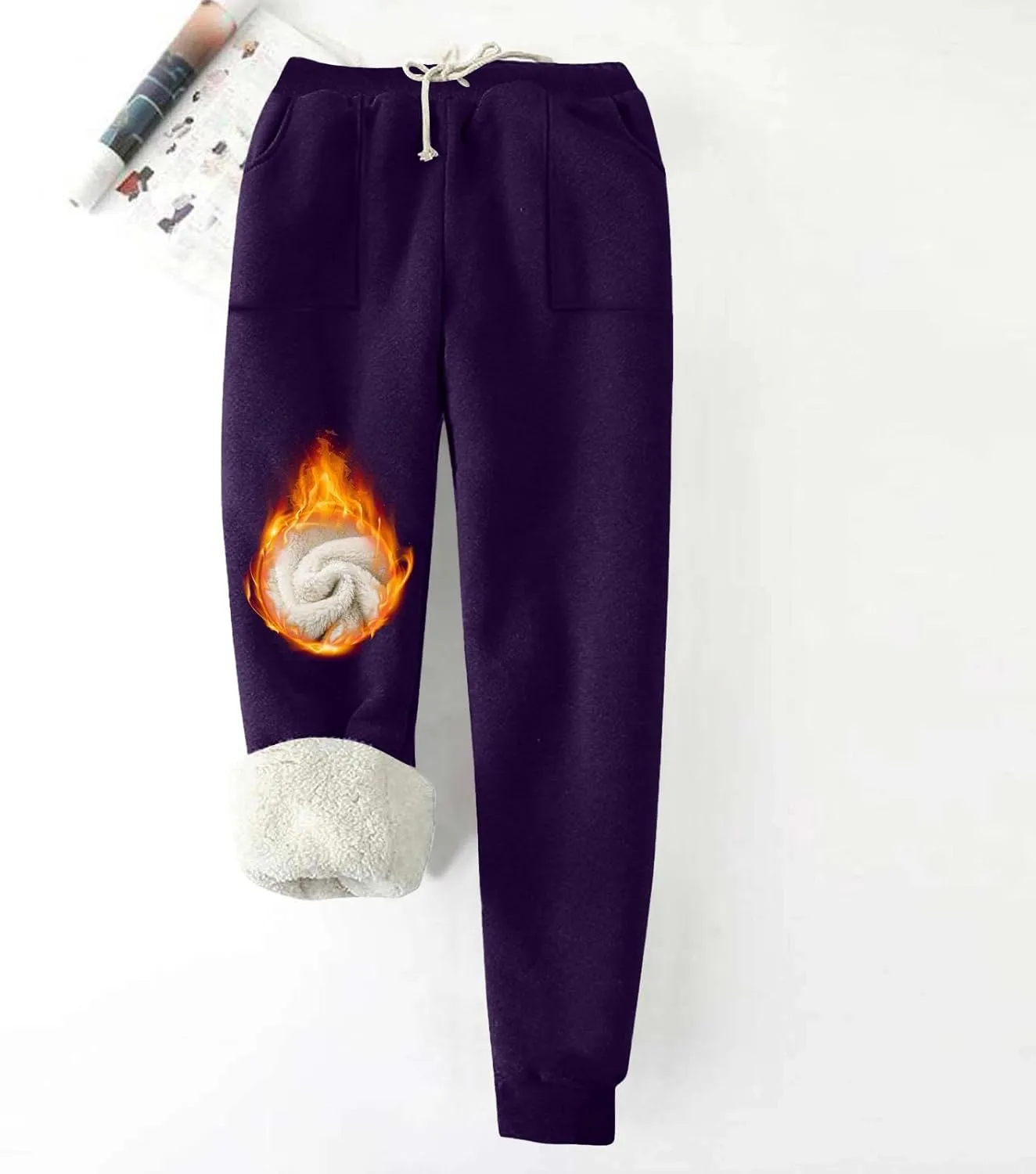 Oplxuo Fleece Lined Sweatpants Women - Sherpa Joggers for Women with Pockets High Waisted Thermal Winter Warm Snow Pants