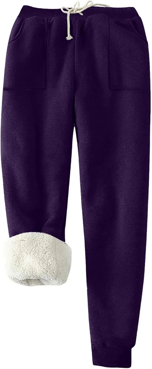 Oplxuo Fleece Lined Sweatpants Women - Sherpa Joggers for Women with Pockets High Waisted Thermal Winter Warm Snow Pants