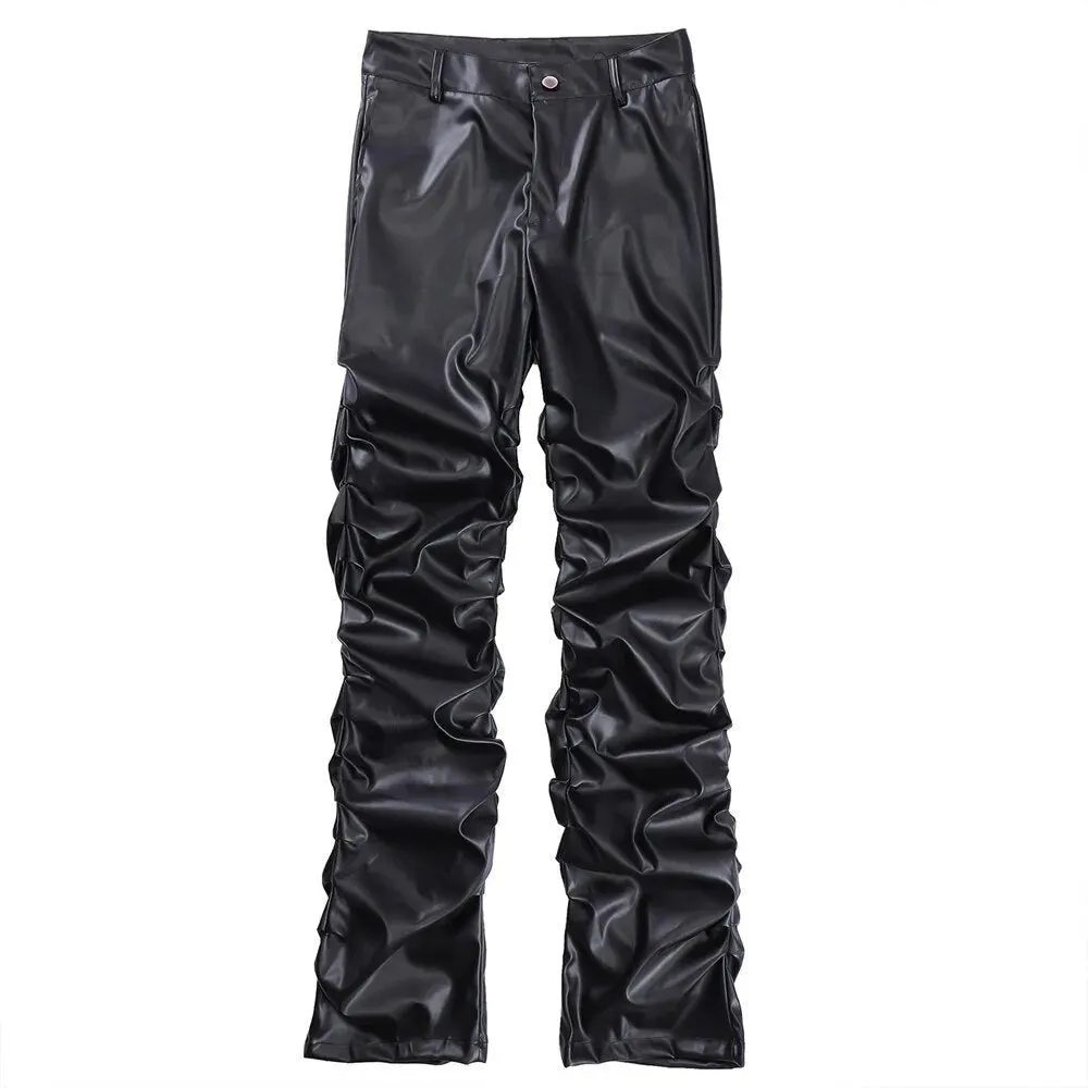 Pleated Black Leather Straight Pants