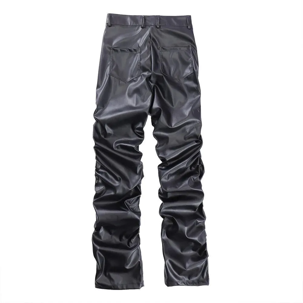 Pleated Black Leather Straight Pants