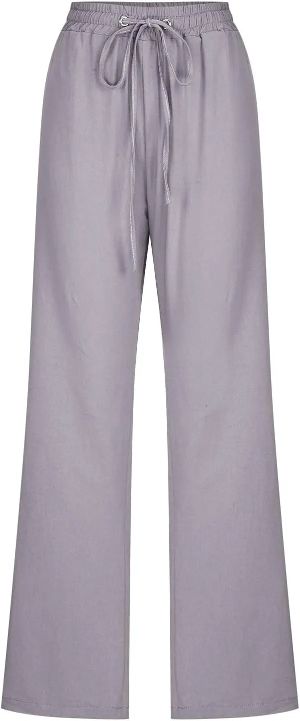 RKSTN High Waisted Wide Leg Pants for Women Casual Drawstring Elastic Trousers with Pockets Cotton Linen Long Pants