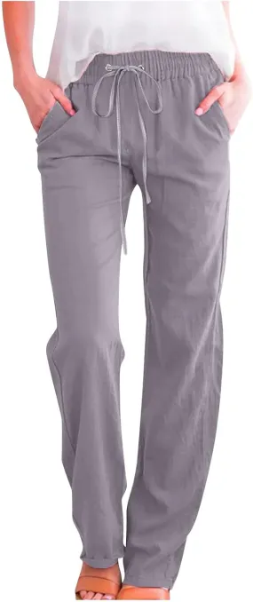 RKSTN High Waisted Wide Leg Pants for Women Casual Drawstring Elastic Trousers with Pockets Cotton Linen Long Pants