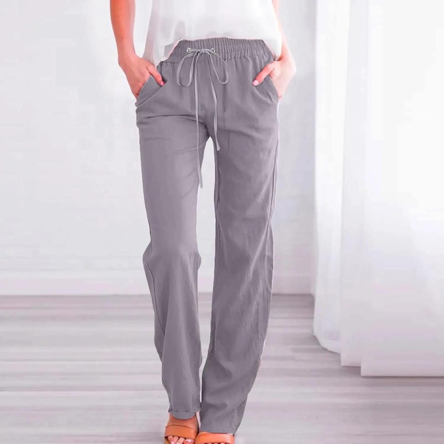 RKSTN High Waisted Wide Leg Pants for Women Casual Drawstring Elastic Trousers with Pockets Cotton Linen Long Pants