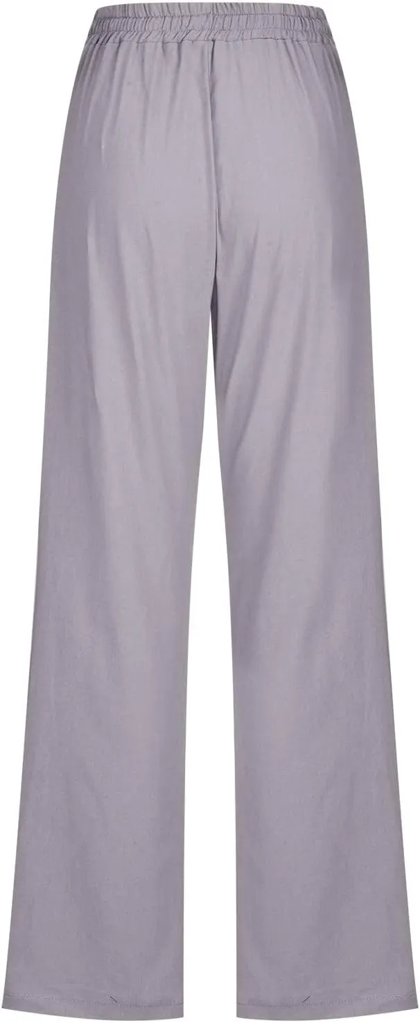 RKSTN High Waisted Wide Leg Pants for Women Casual Drawstring Elastic Trousers with Pockets Cotton Linen Long Pants