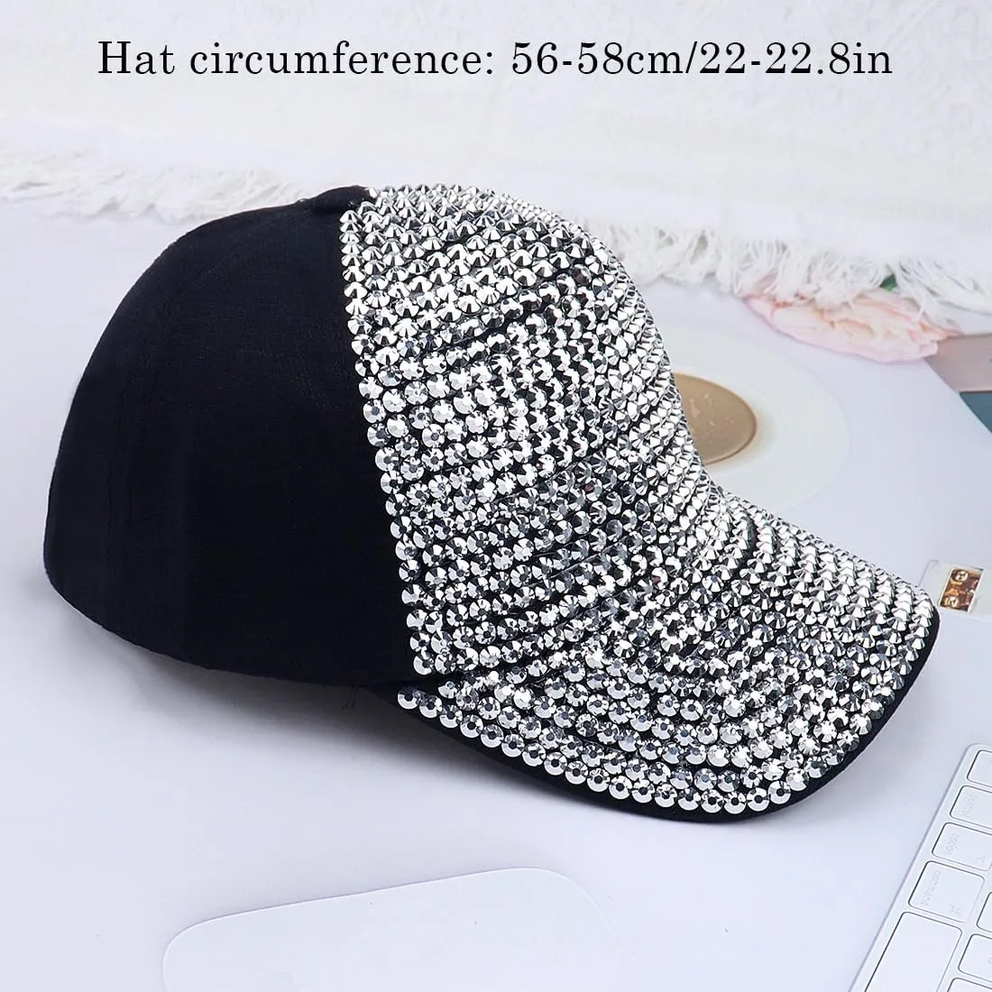 Studded Rhinestone Baseball Cap for Women Sparkle Bling Denim Sun Hat Casual Sports Hat