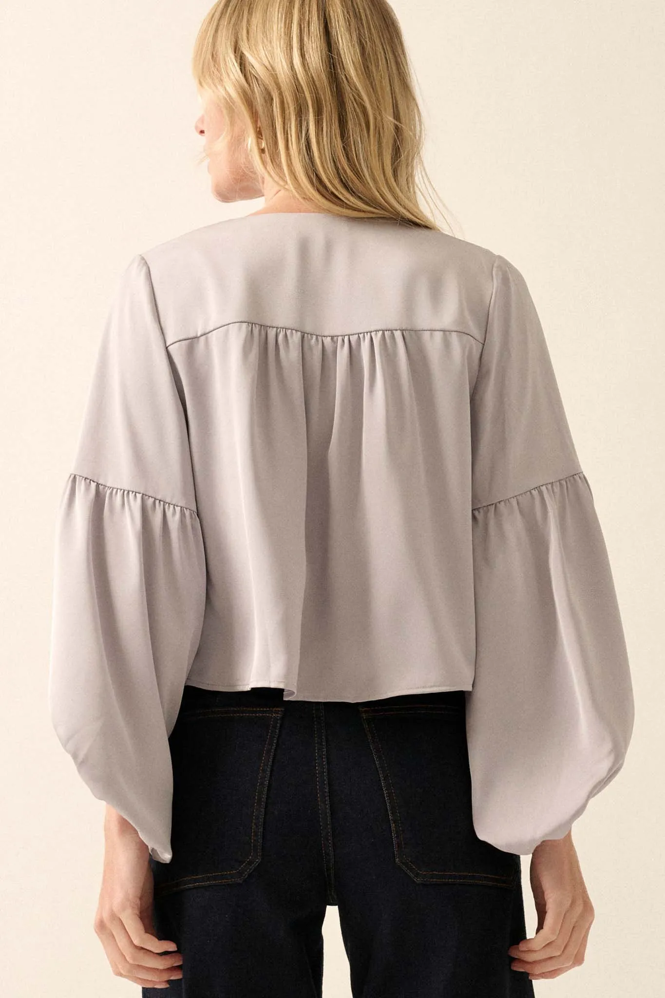 Touch of Silk Matte Satin Lace-Up Peasant Top