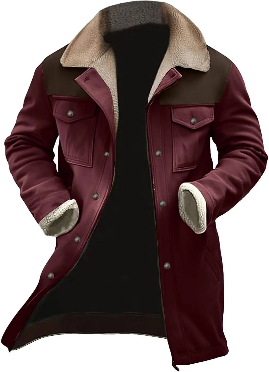 Vintage Suede Jacket for Men Plush Collar Sherpa Lined Faux Leather Winter Long Jackets Zip Up Retro Motorcycle Coats