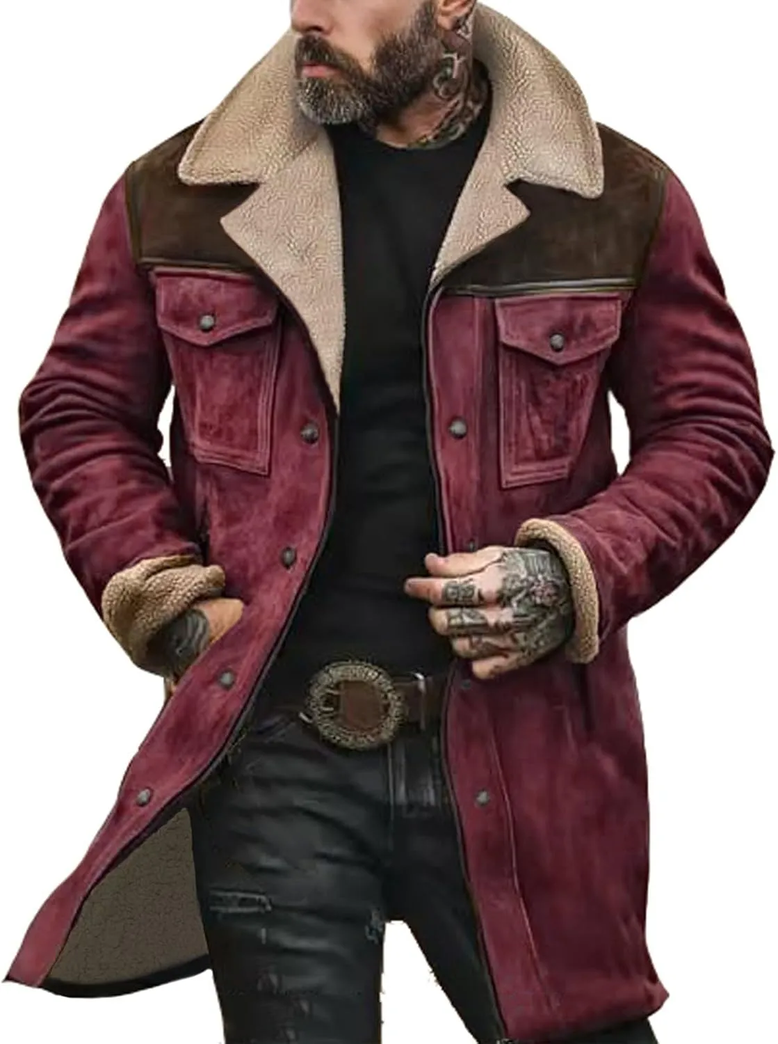 Vintage Suede Jacket for Men Plush Collar Sherpa Lined Faux Leather Winter Long Jackets Zip Up Retro Motorcycle Coats
