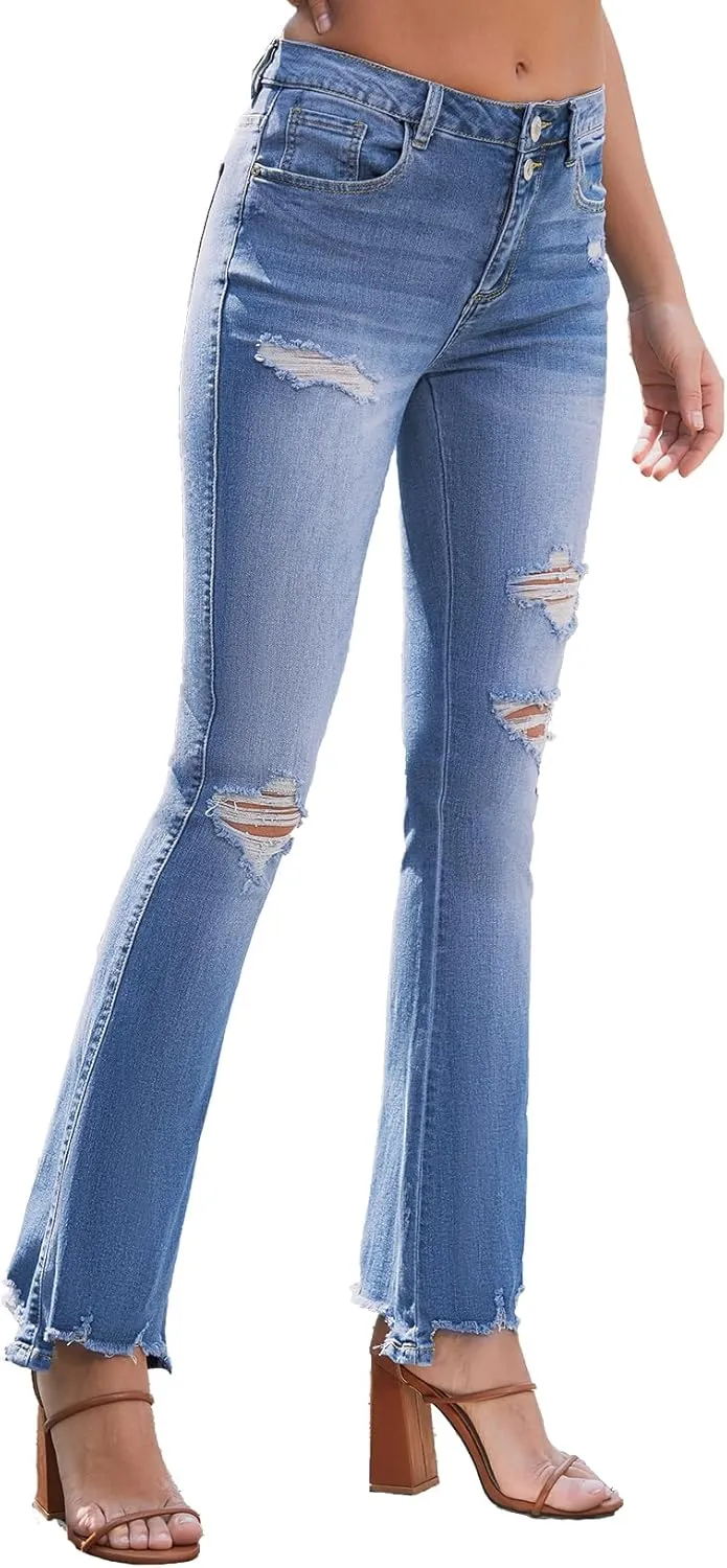 VIPONES High Waisted Ripped Flare Jeans for Women Distressed Bell Bottom Jeans Wide Leg Pants