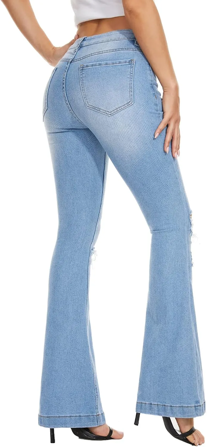 VIPONES High Waisted Ripped Flare Jeans for Women Distressed Bell Bottom Jeans Wide Leg Pants