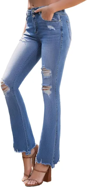 VIPONES High Waisted Ripped Flare Jeans for Women Distressed Bell Bottom Jeans Wide Leg Pants