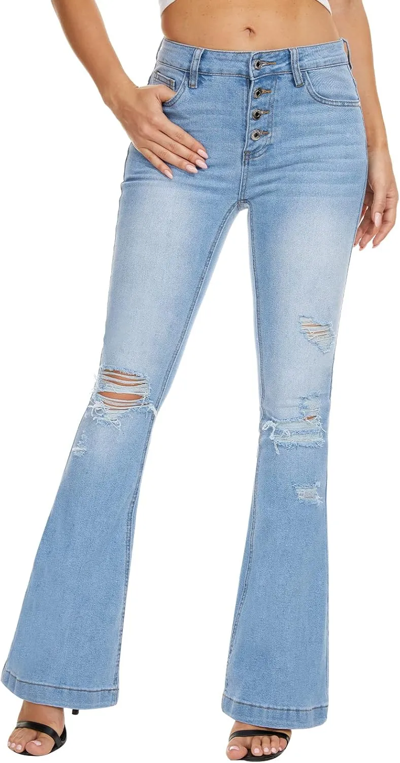 VIPONES High Waisted Ripped Flare Jeans for Women Distressed Bell Bottom Jeans Wide Leg Pants