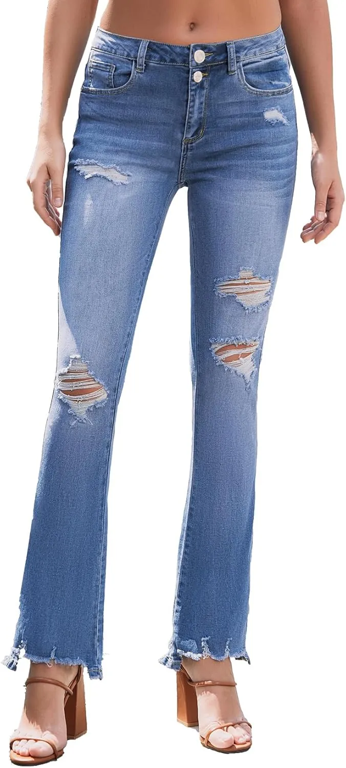 VIPONES High Waisted Ripped Flare Jeans for Women Distressed Bell Bottom Jeans Wide Leg Pants