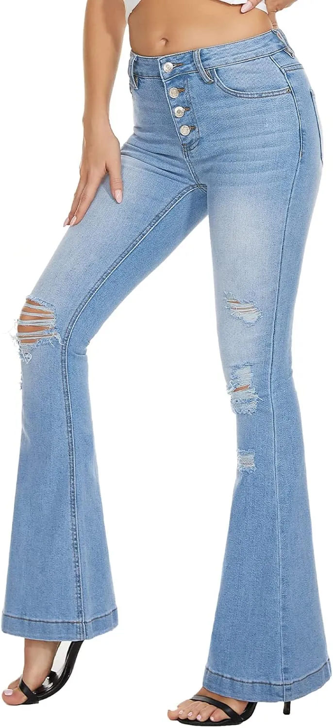 VIPONES High Waisted Ripped Flare Jeans for Women Distressed Bell Bottom Jeans Wide Leg Pants