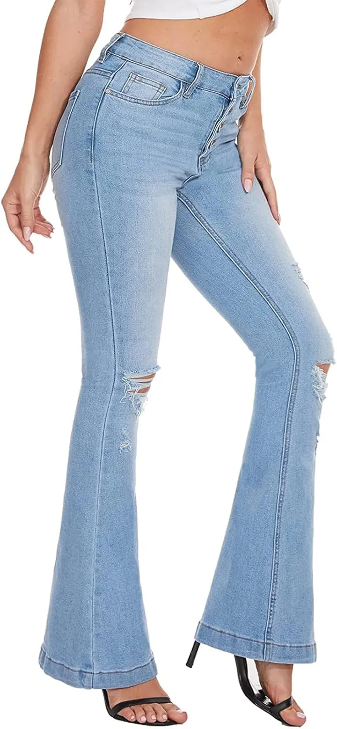 VIPONES High Waisted Ripped Flare Jeans for Women Distressed Bell Bottom Jeans Wide Leg Pants