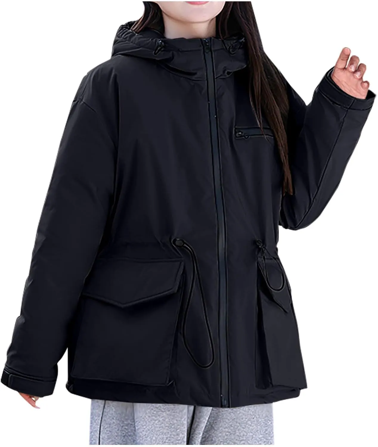 Windproof Down Jacket Women Solid Color Waterproof Tunic Drawstring Overcoats Winter Warm Outfits with Multi Pockets