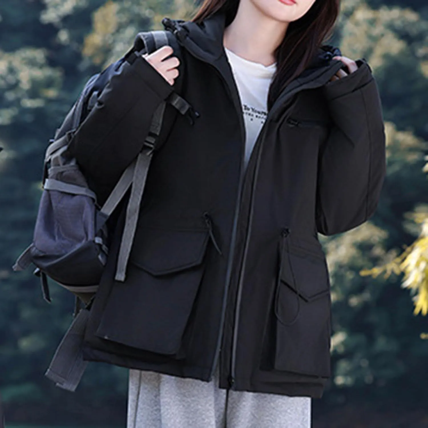 Windproof Down Jacket Women Solid Color Waterproof Tunic Drawstring Overcoats Winter Warm Outfits with Multi Pockets