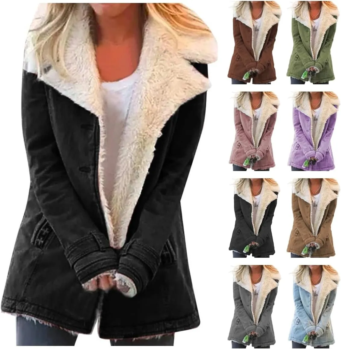 Winter Coats for Women Faux Fur Lined Jacket Long Sleeve Lapel Botton Down Furry Outerwear