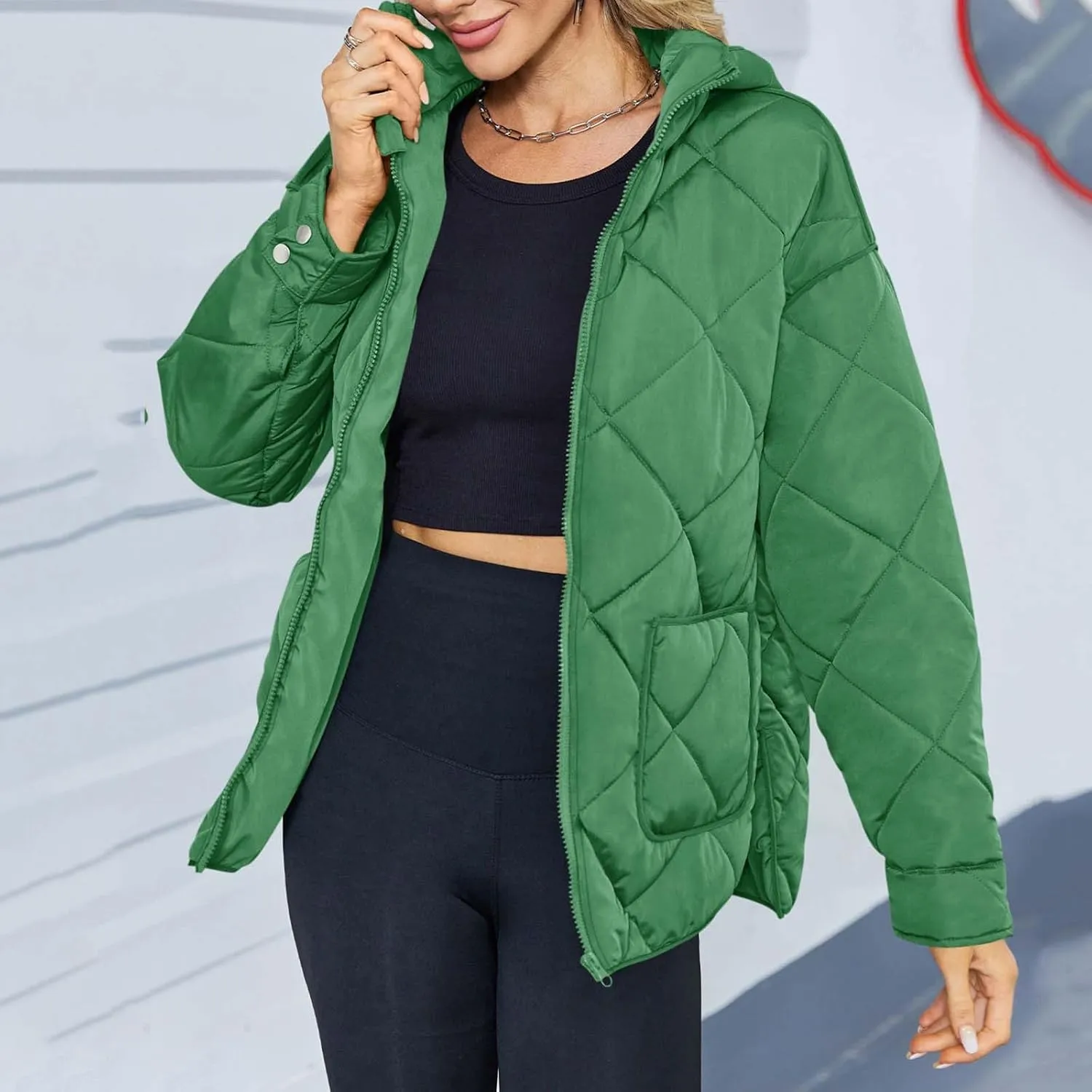 Winter Down Coat Women Quilted Puffer Jackets Thicken Warm Coats Zip Up Hood Jacket Stand Collar Outwear with Pockets