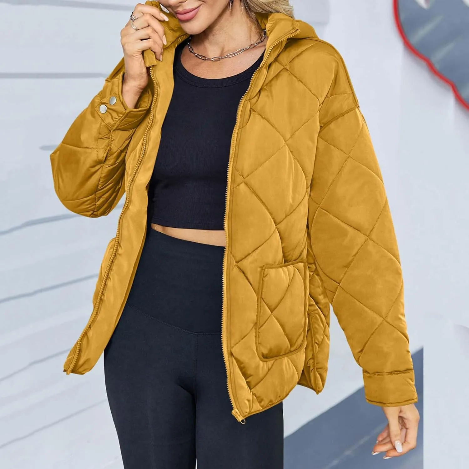Winter Down Coat Women Quilted Puffer Jackets Thicken Warm Coats Zip Up Hood Jacket Stand Collar Outwear with Pockets