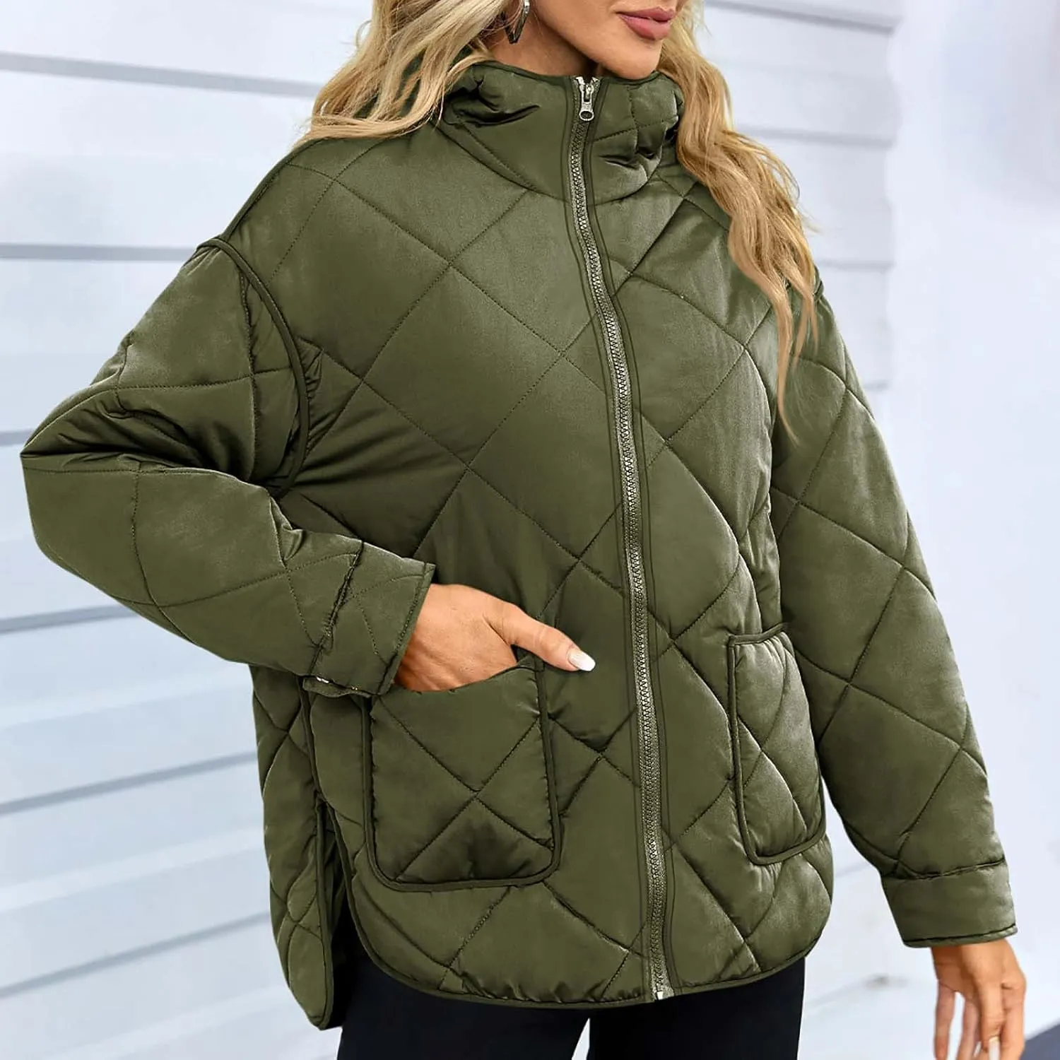 Winter Down Coat Women Quilted Puffer Jackets Thicken Warm Coats Zip Up Hood Jacket Stand Collar Outwear with Pockets
