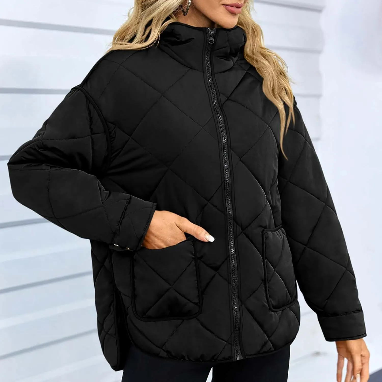 Winter Down Coat Women Quilted Puffer Jackets Thicken Warm Coats Zip Up Hood Jacket Stand Collar Outwear with Pockets