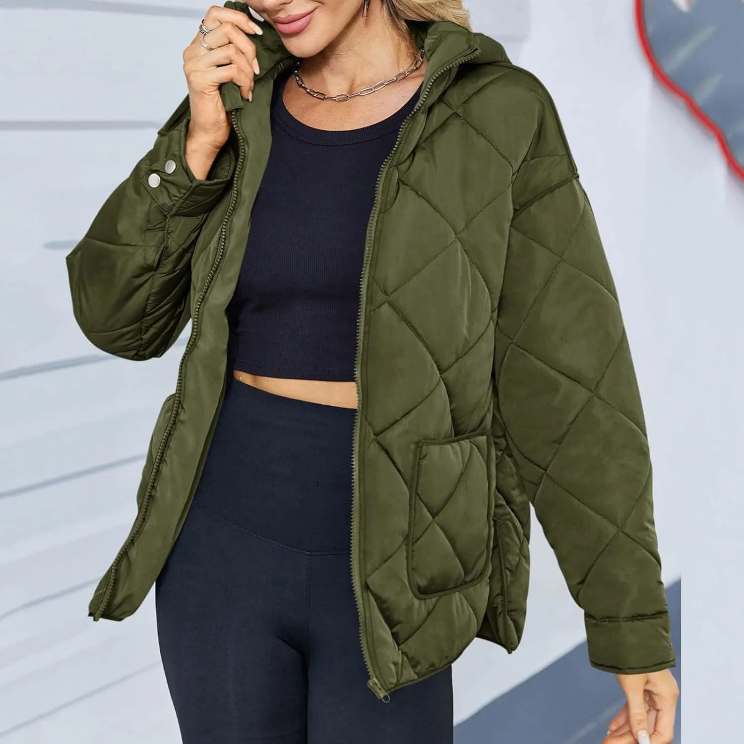 Winter Down Coat Women Quilted Puffer Jackets Thicken Warm Coats Zip Up Hood Jacket Stand Collar Outwear with Pockets