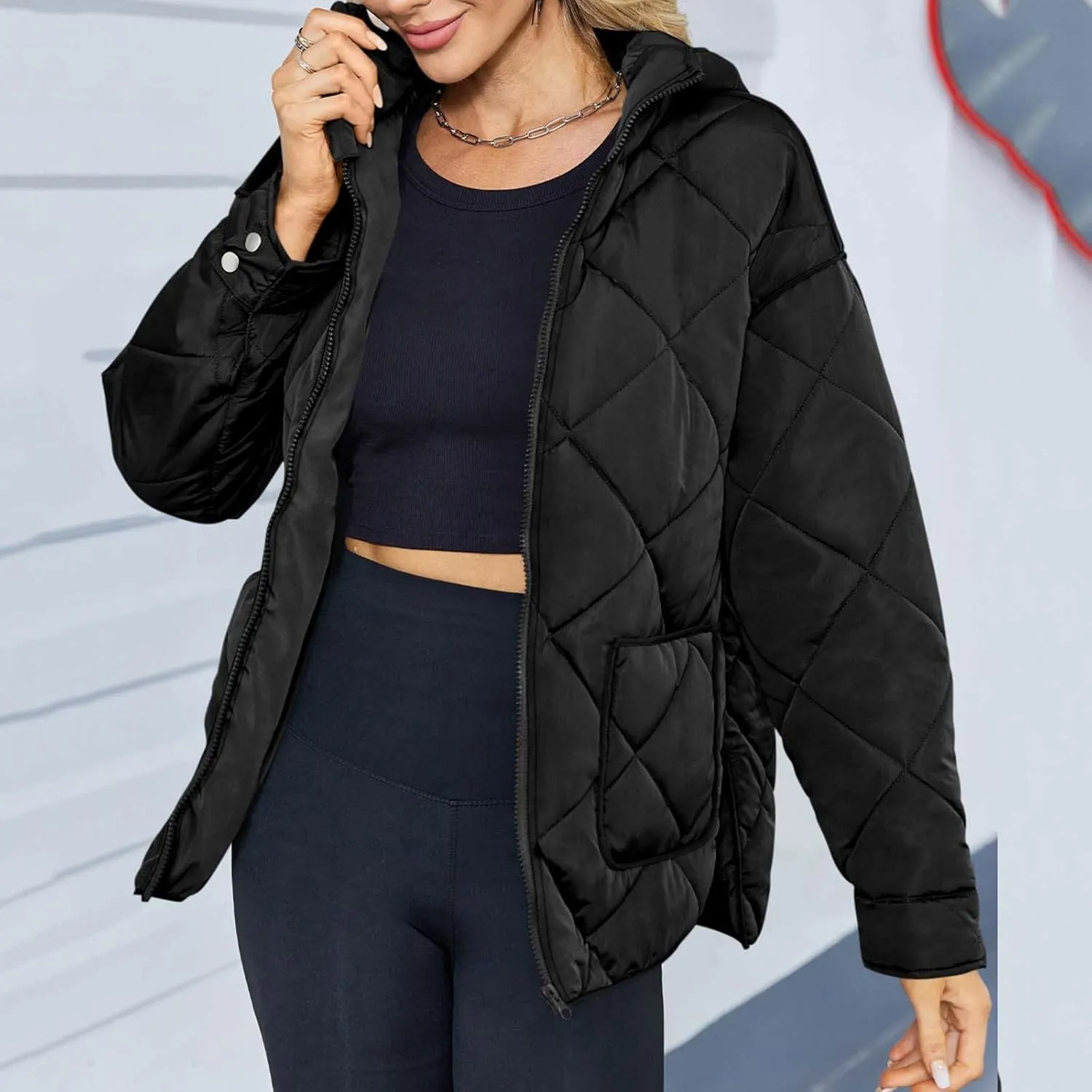 Winter Down Coat Women Quilted Puffer Jackets Thicken Warm Coats Zip Up Hood Jacket Stand Collar Outwear with Pockets