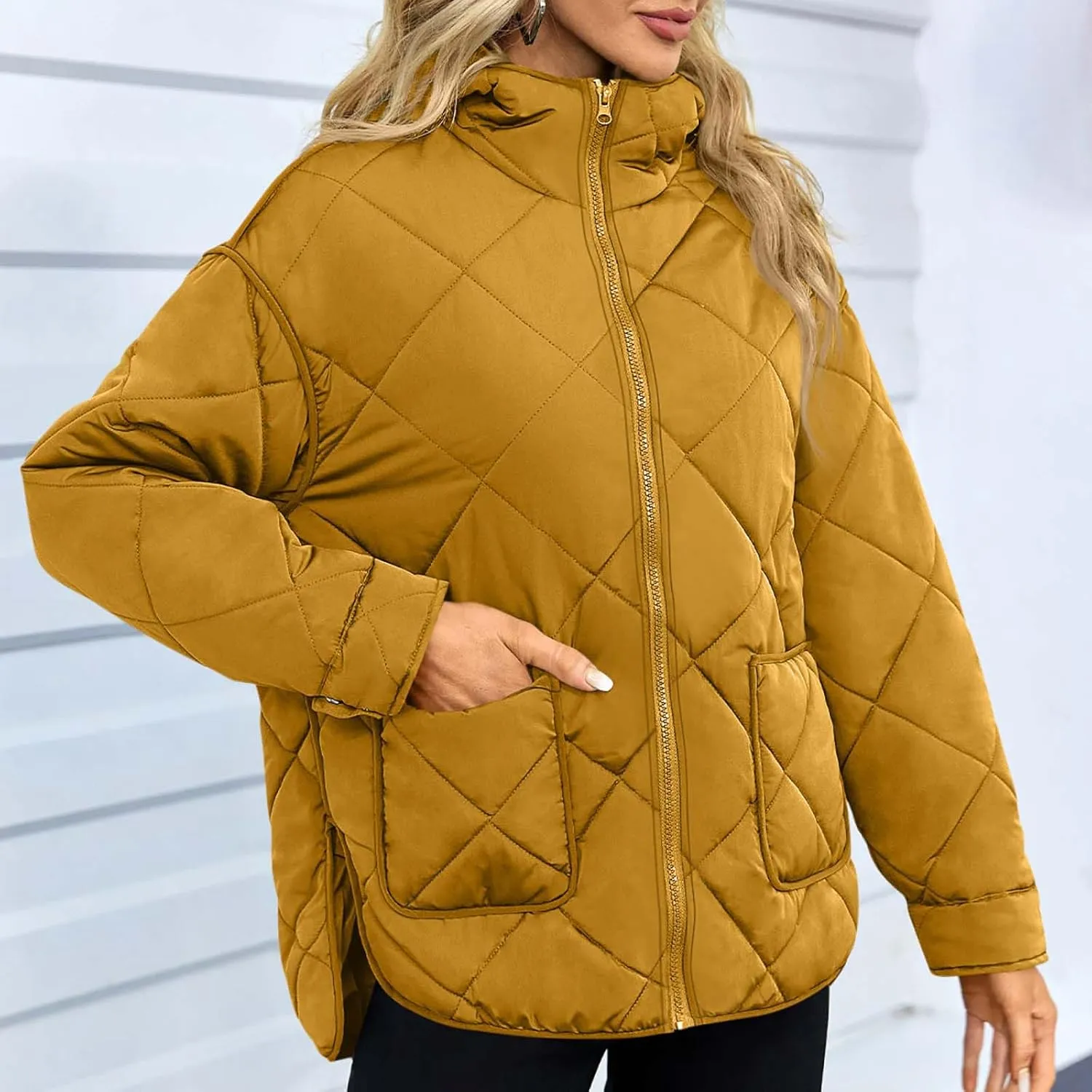 Winter Down Coat Women Quilted Puffer Jackets Thicken Warm Coats Zip Up Hood Jacket Stand Collar Outwear with Pockets