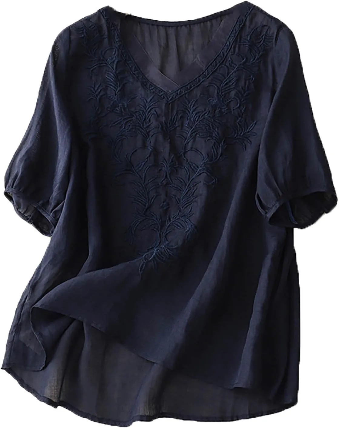 Women Linen Shirts Summer Cotton Linen Floral Short Sleeve T Shirt Casual Loose Basic Round Neck Tee Shirt