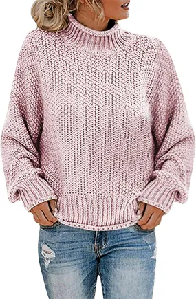 Women Mock Neck Long Batwing Sleeve Sweaters Trending 2023 Fall Winter Clothes Chunky Cable Knit Pullover